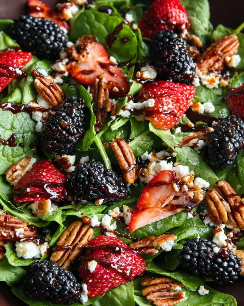 Berry Spinach Salad with Pecans, Feta, and Balsamic Glaze