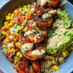 Grilled Shrimp Bowl with Avocado, Corn Salsa & Creamy Sauce