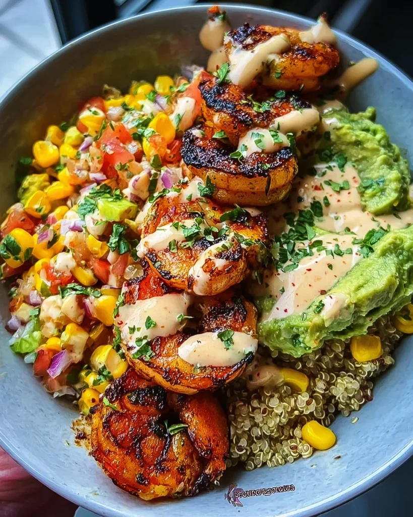 Grilled Shrimp Bowl with Avocado, Corn Salsa & Creamy Sauce