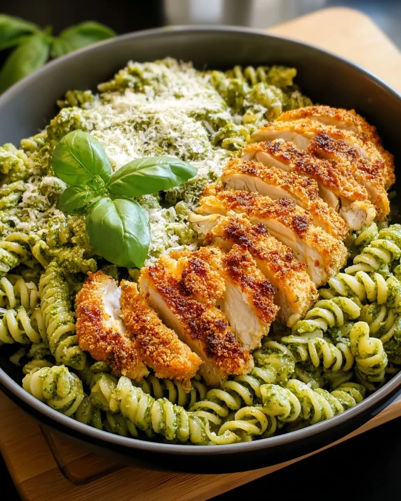 Pesto Pasta with Crispy Parmesan Chicken