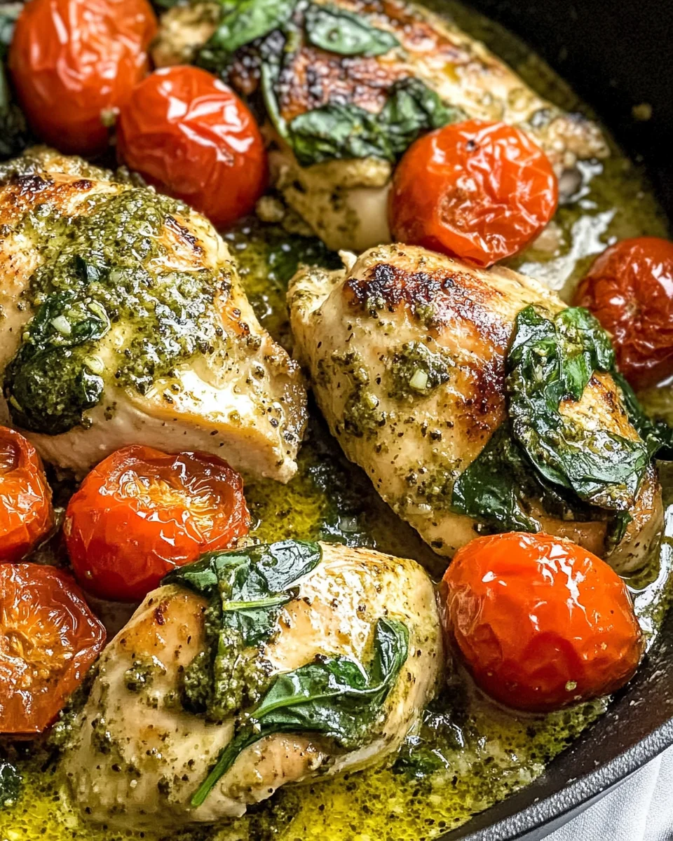 Creamy Pesto Chicken with Roasted Tomatoes & Spinach